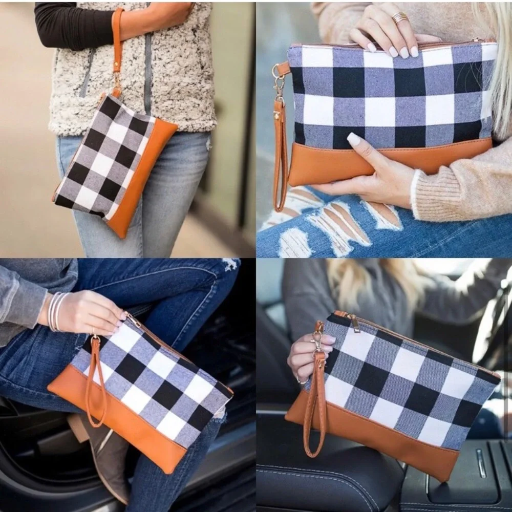 LAST ONE: Black white Buffalo plaid faux leather detail wristlet clutch - Picture 6 of 7